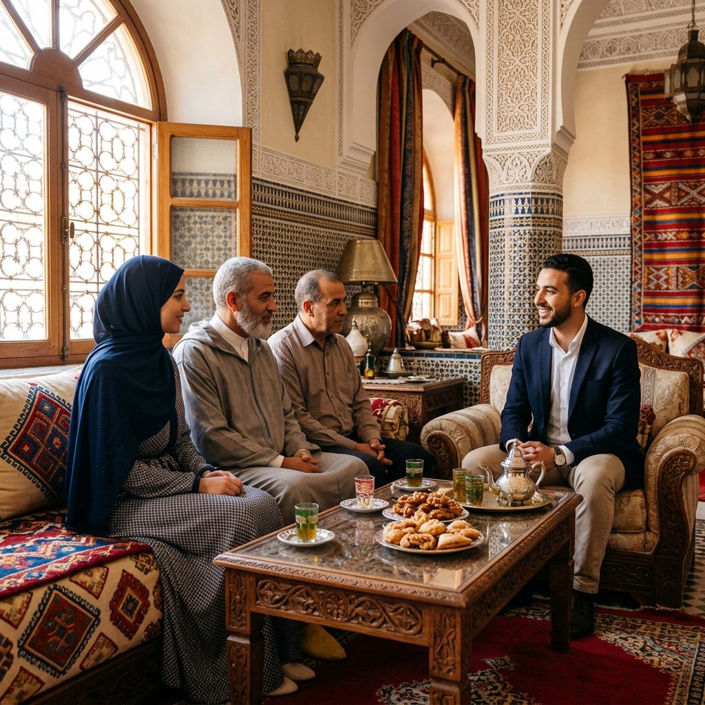 شابة وأبوها وعمّها يستقبلون خاطباً حول الشاي في صالون مغربي
